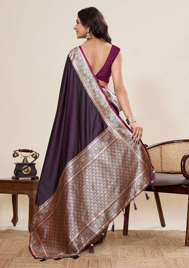 Purple Zari Work Silk Blend Saree Set for Diwali and Festive Wear - Indya