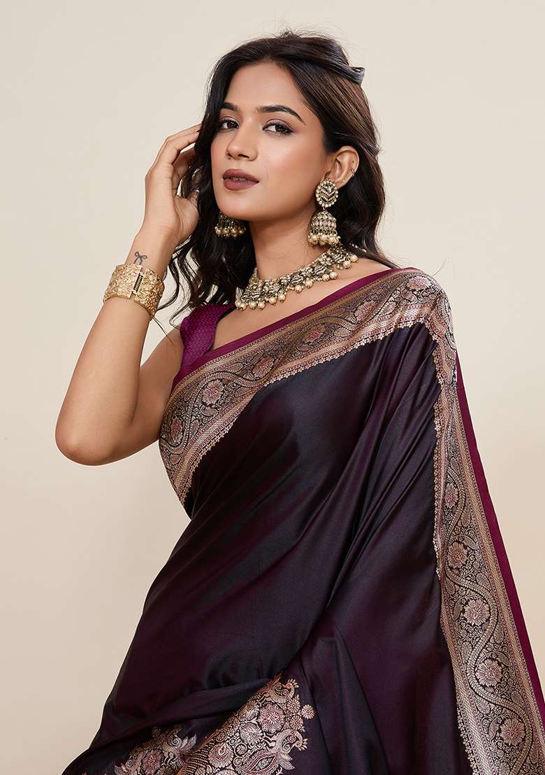 Purple Zari Work Silk Blend Saree Set for Diwali and Festive Wear - Indya