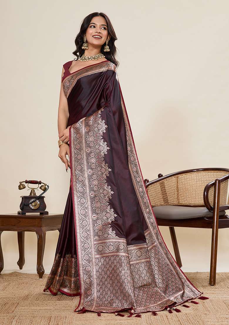 Dark Maroon Zari Work Silk Blend Saree Set for Diwali and Festive Wear - Indya