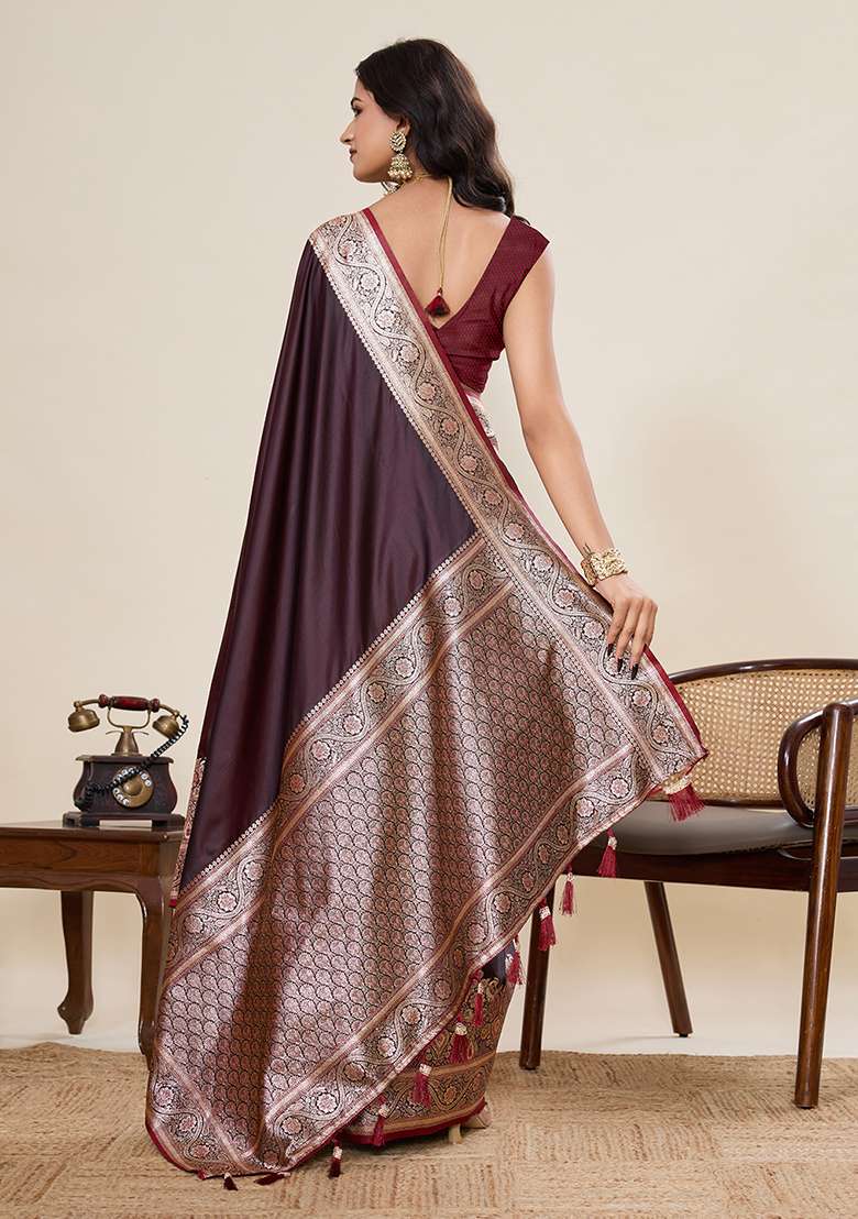 Dark Maroon Zari Work Silk Blend Saree Set for Diwali and Festive Wear - Indya