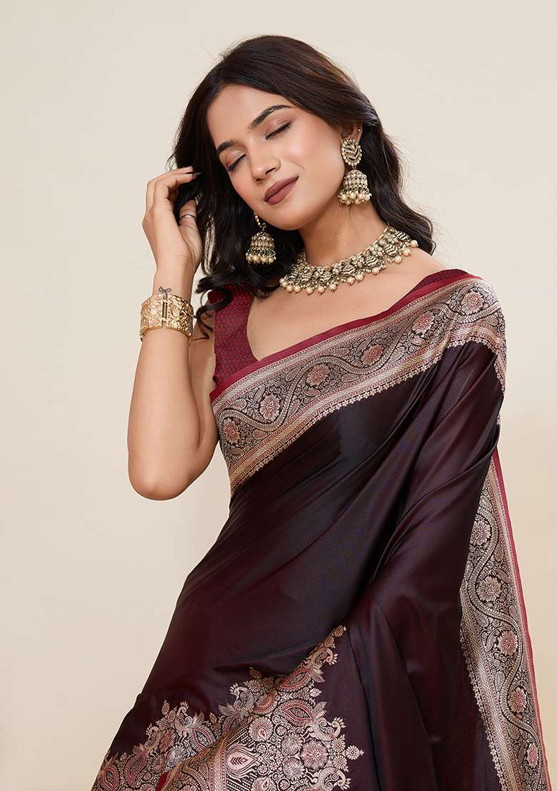 Dark Maroon Zari Work Silk Blend Saree Set for Diwali and Festive Wear - Indya
