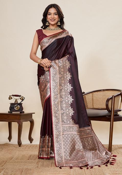 Dark Maroon Zari Work Silk Saree Set