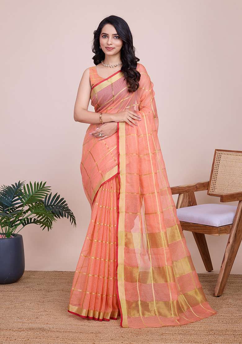 Peach Gold Checked Silk Blend Saree Set for Diwali and Festive Wear - Indya