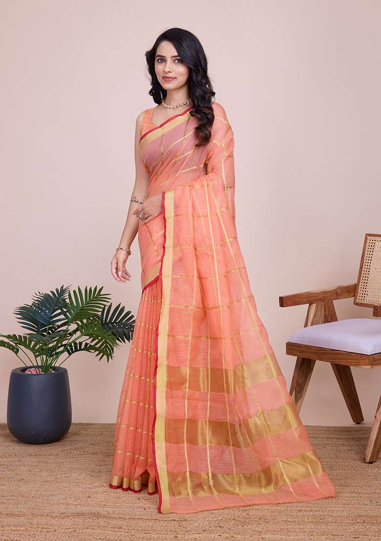 Peach Gold Checked Silk Blend Saree Set for Diwali and Festive Wear - Indya