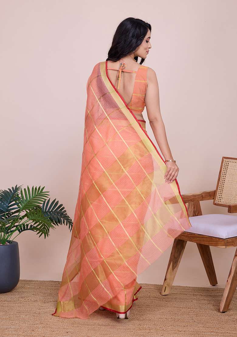 Peach Gold Checked Silk Blend Saree Set for Diwali and Festive Wear - Indya