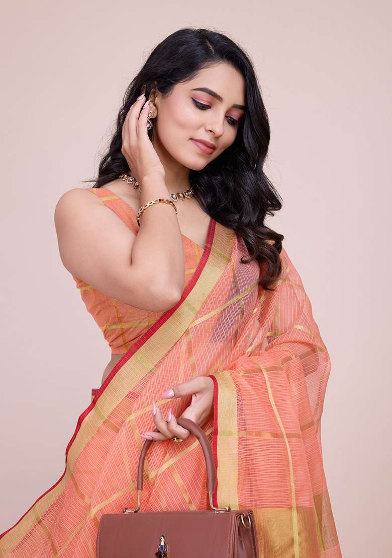 Peach Gold Checked Silk Blend Saree Set for Diwali and Festive Wear - Indya