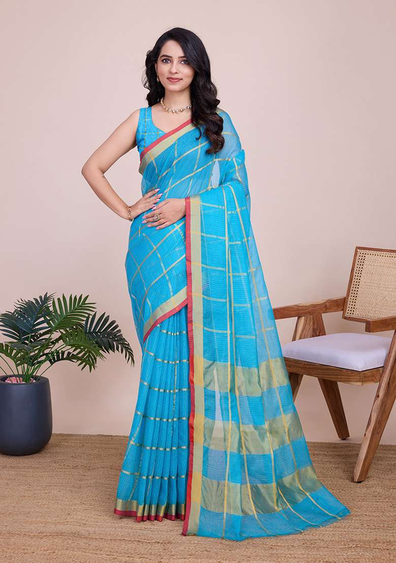 Sky Blue Gold Checked Silk Blend Saree Set for Diwali and Festive Wear - Indya