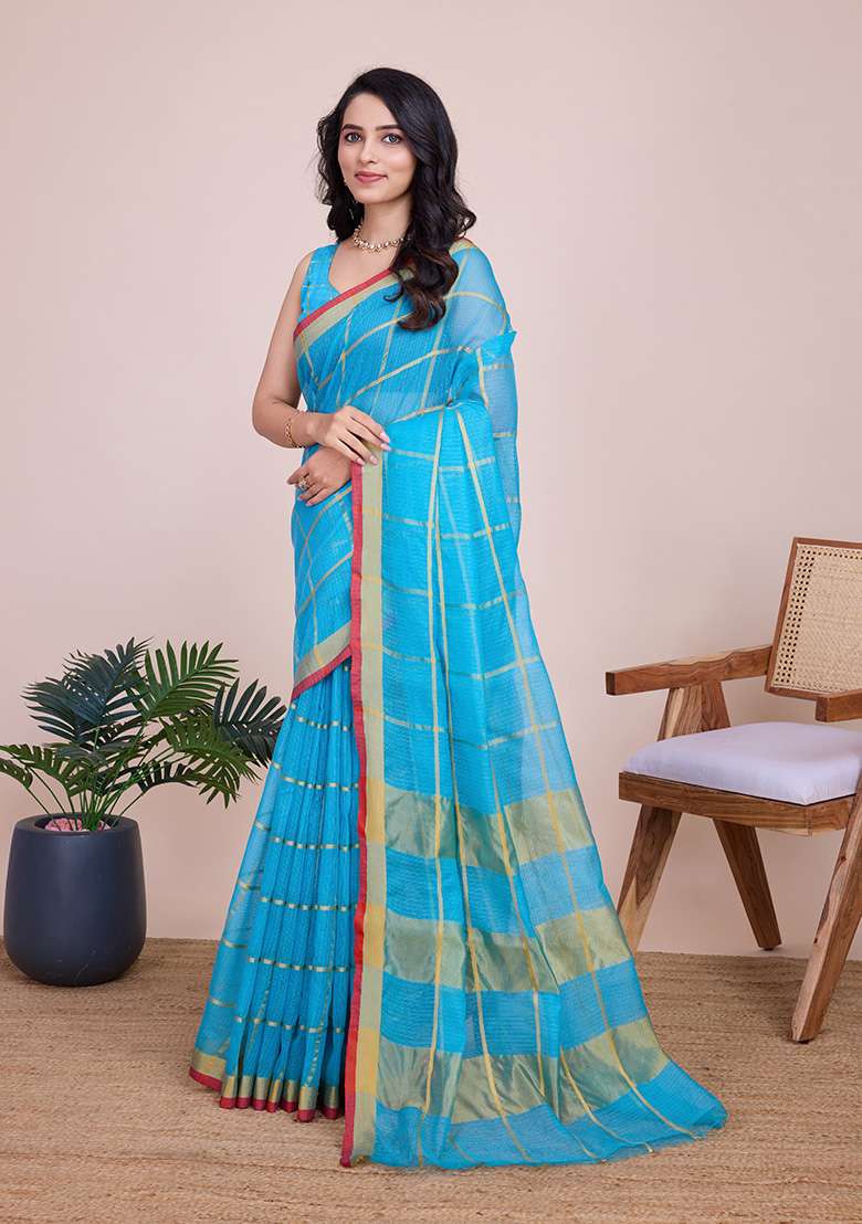 Sky Blue Gold Checked Silk Blend Saree Set for Diwali and Festive Wear - Indya