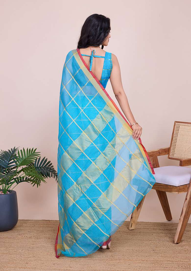 Sky Blue Gold Checked Silk Blend Saree Set for Diwali and Festive Wear - Indya