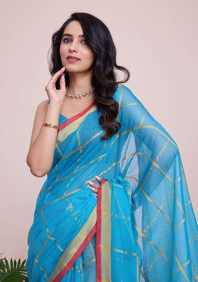 Sky Blue Gold Checked Silk Blend Saree Set for Diwali and Festive Wear - Indya