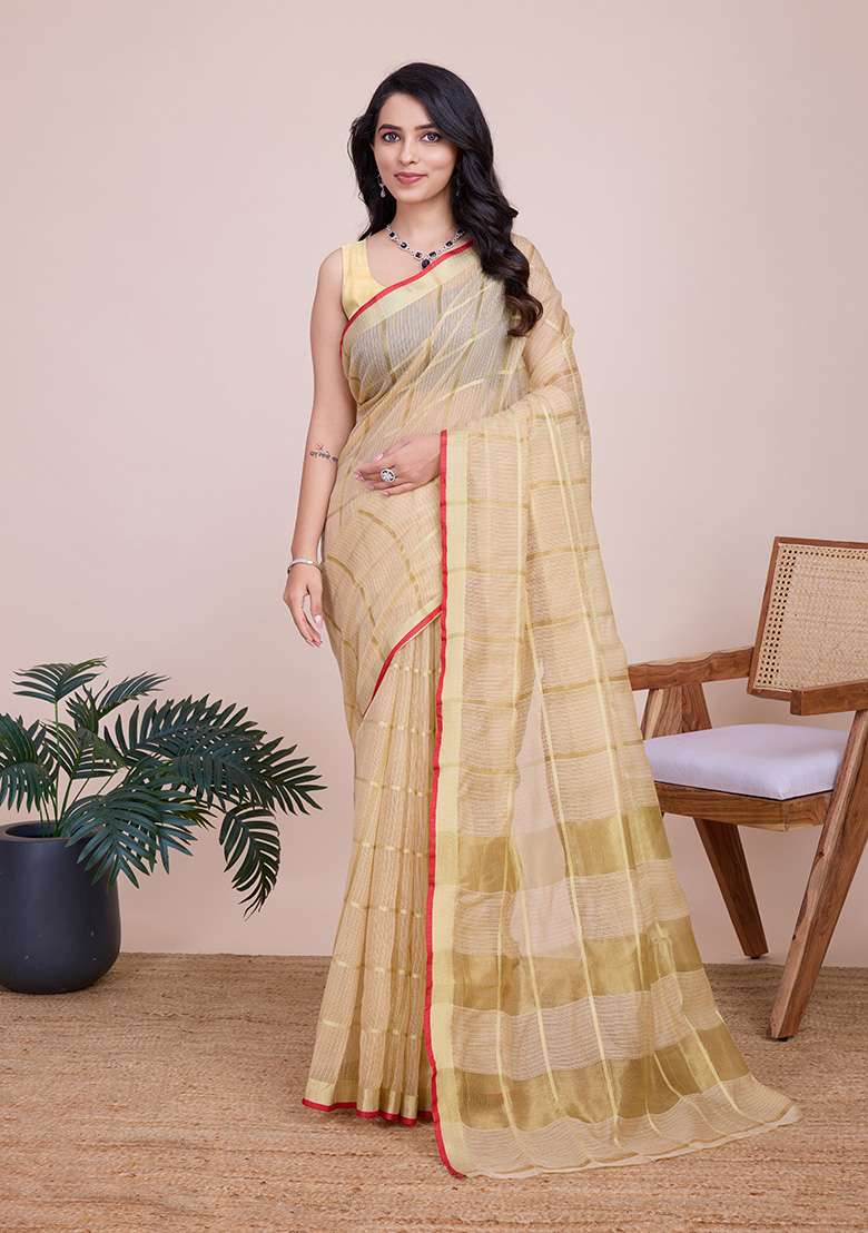 Cream Gold Checked Silk Blend Saree Set for Diwali | Wedding & Festive Wear - Indya
