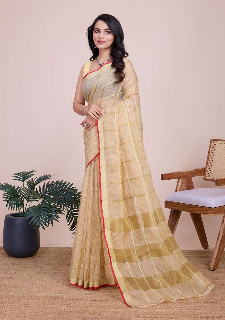 Cream Gold Checked Silk Blend Saree Set for Diwali | Wedding & Festive Wear - Indya