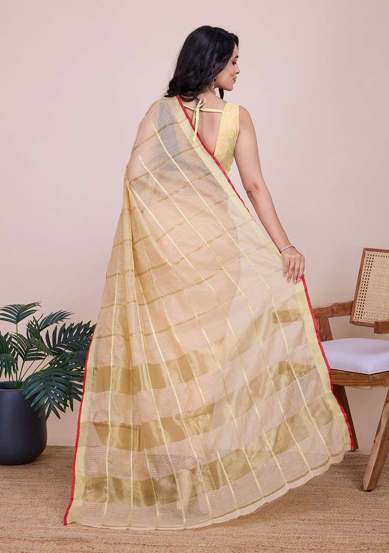 Cream Gold Checked Silk Blend Saree Set for Diwali | Wedding & Festive Wear - Indya
