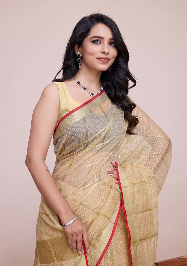 Cream Gold Checked Silk Blend Saree Set for Diwali | Wedding & Festive Wear - Indya