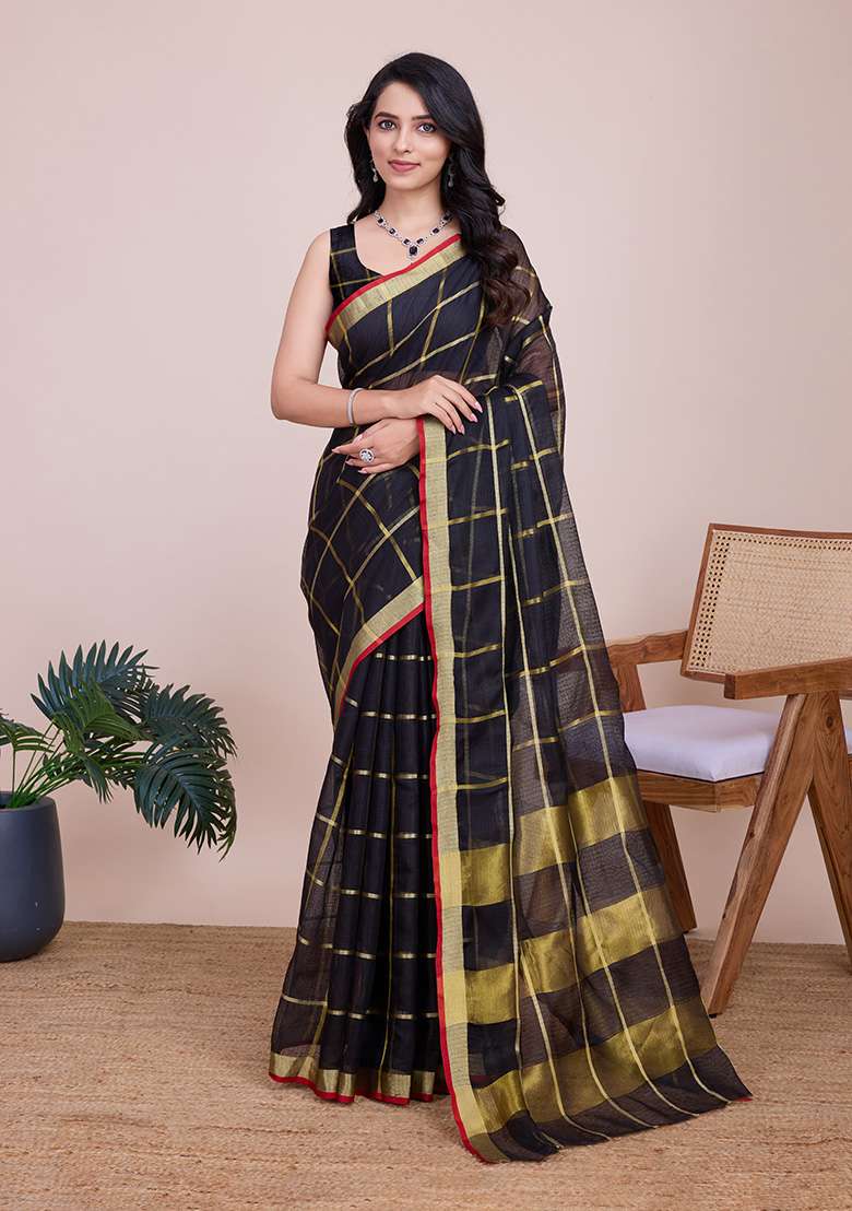 Black Gold Checked Silk Blend Saree Set for Diwali and Festive Wear - Indya