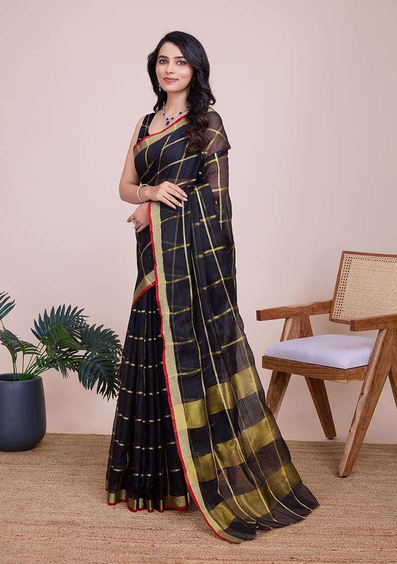 Black Gold Checked Silk Blend Saree Set for Diwali and Festive Wear - Indya
