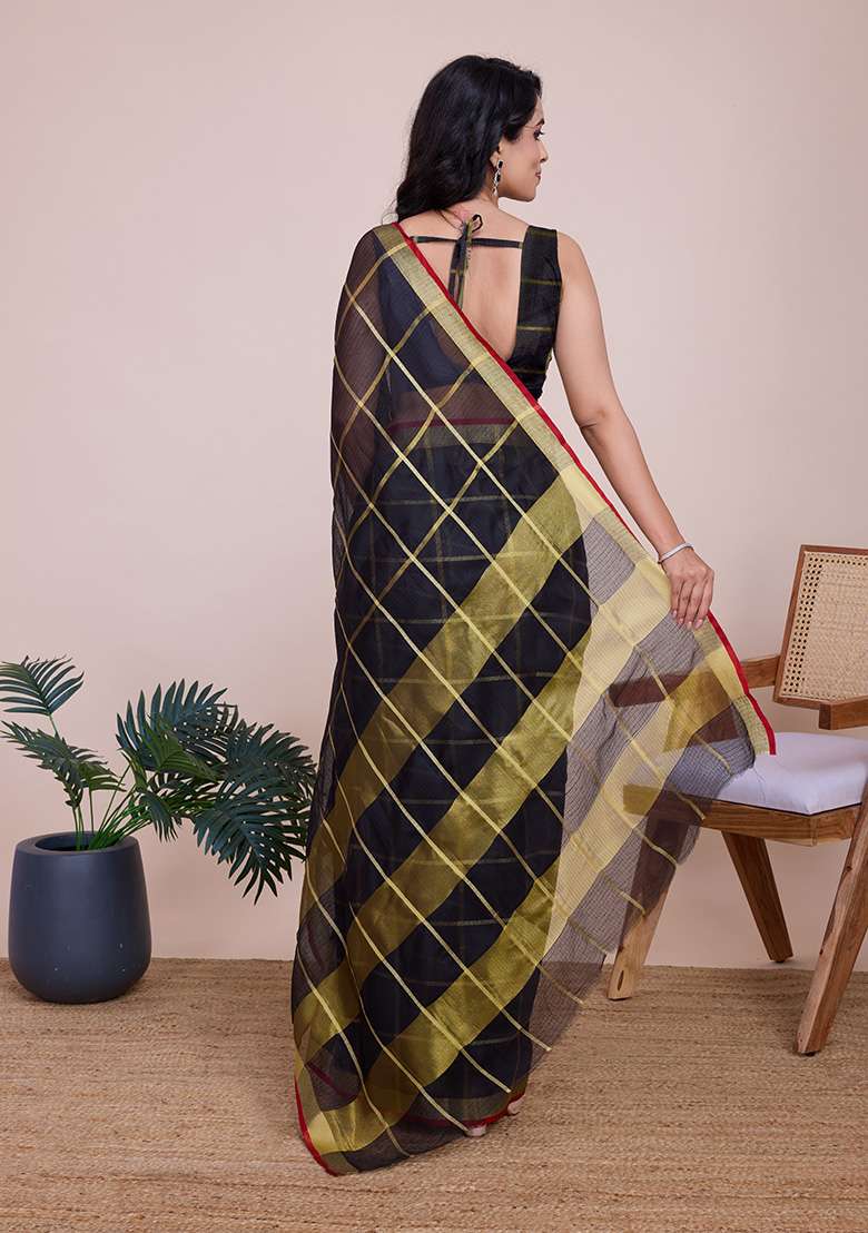 Black Gold Checked Silk Blend Saree Set for Diwali and Festive Wear - Indya