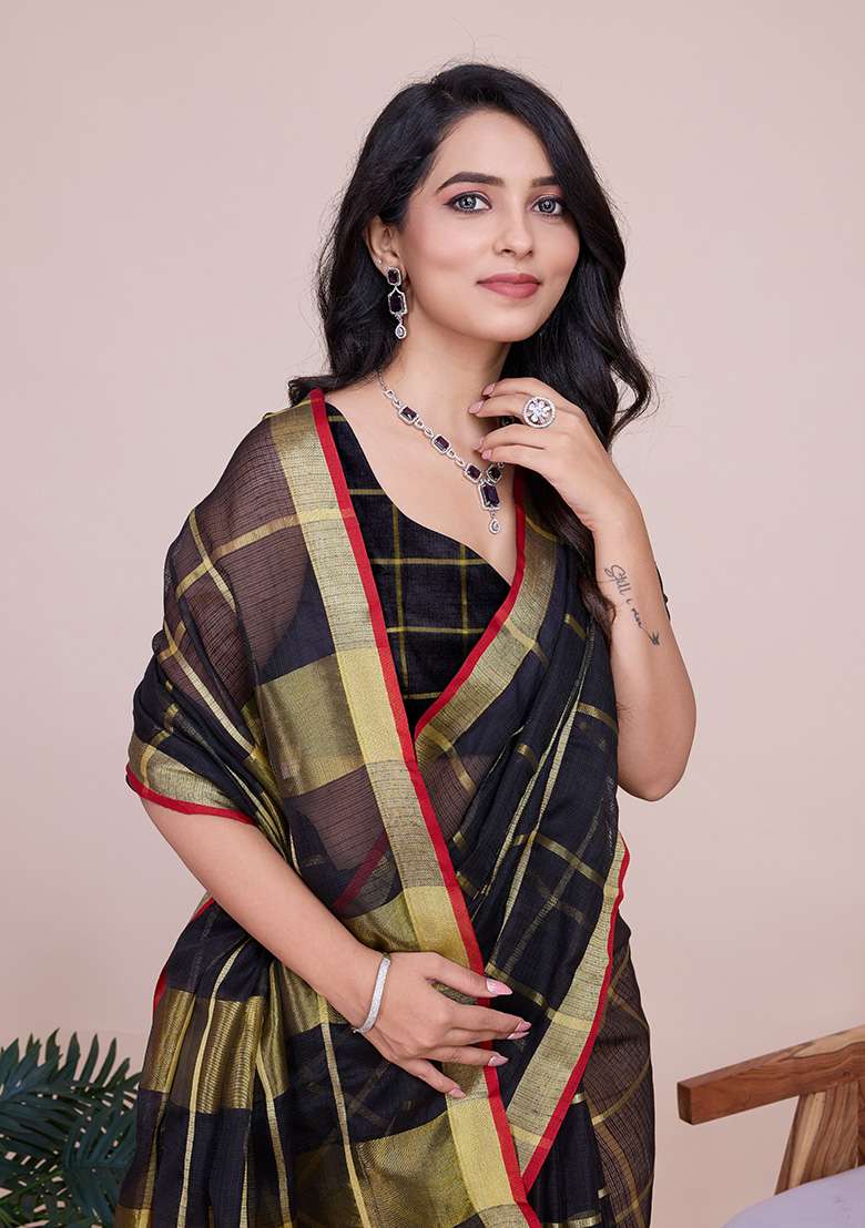 Black Gold Checked Silk Blend Saree Set for Diwali and Festive Wear - Indya