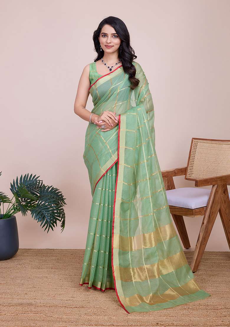 Pista Gold Checked Silk Blend Saree Set for Diwali | Wedding & Festive Wear - Indya