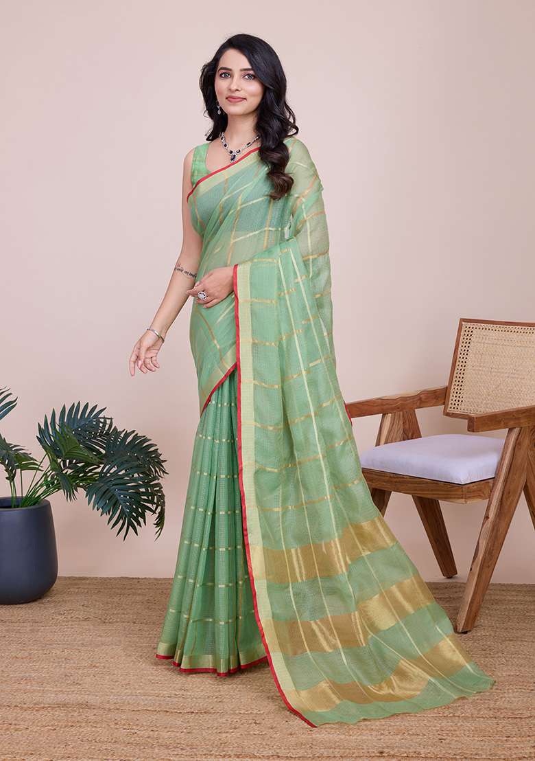 Pista Gold Checked Silk Blend Saree Set for Diwali | Wedding & Festive Wear - Indya