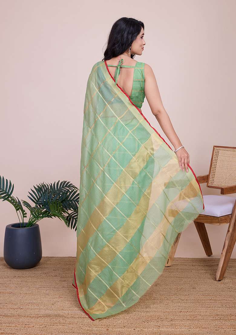 Pista Gold Checked Silk Blend Saree Set for Diwali | Wedding & Festive Wear - Indya