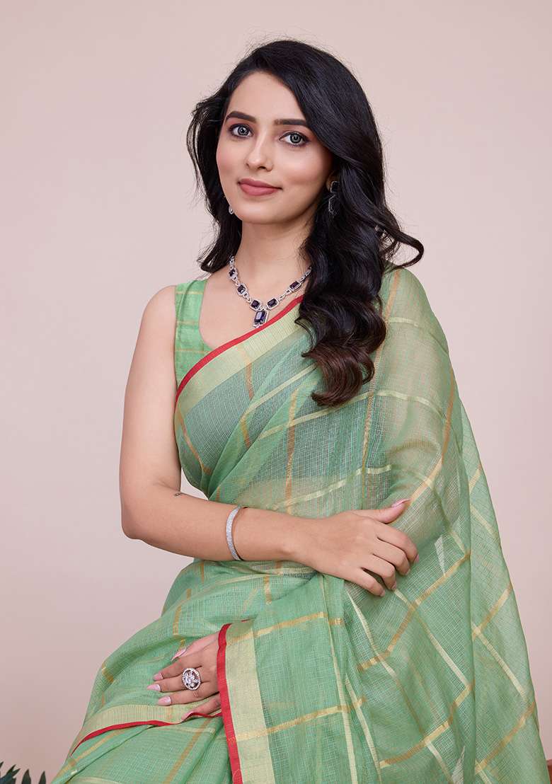 Pista Gold Checked Silk Blend Saree Set for Diwali | Wedding & Festive Wear - Indya