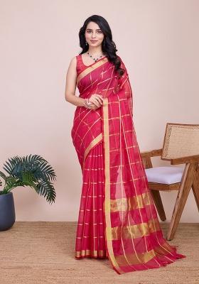 Pink Gold Checked Silk Saree Set