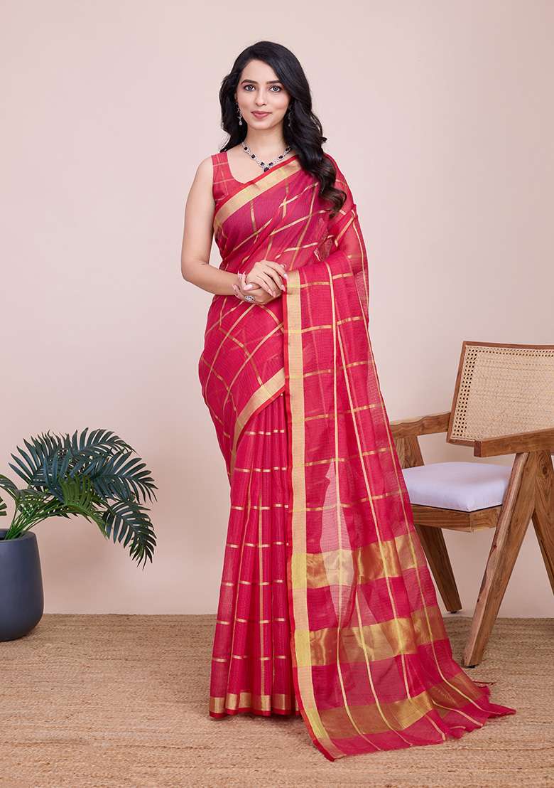 Pink Gold Checked Silk Blend Saree Set for Diwali | Wedding & Festive Wear - Indya