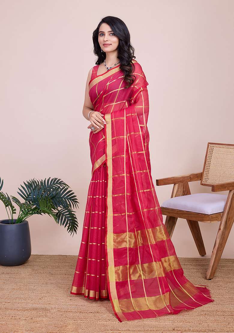 Pink Gold Checked Silk Blend Saree Set for Diwali | Wedding & Festive Wear - Indya