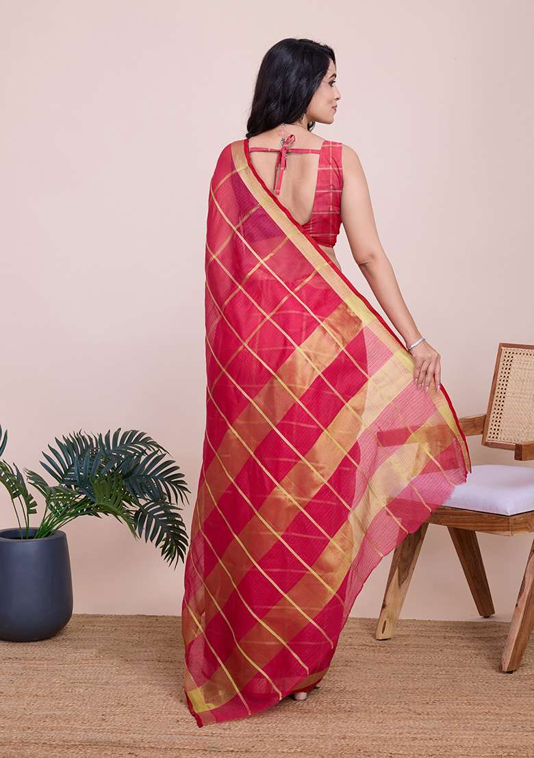 Pink Gold Checked Silk Blend Saree Set for Diwali | Wedding & Festive Wear - Indya