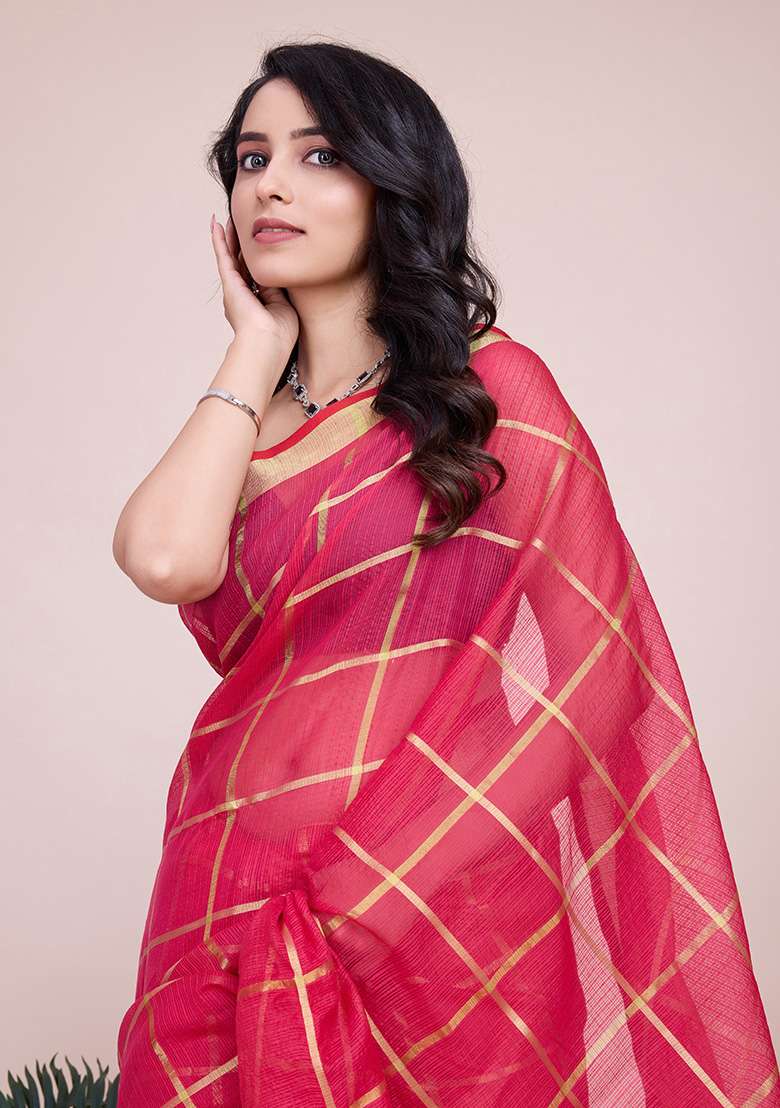 Pink Gold Checked Silk Blend Saree Set for Diwali | Wedding & Festive Wear - Indya