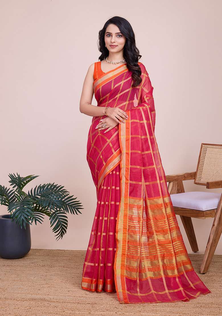 Pink Gold Checked Silk Blend Saree Set for Diwali and Festive Wear - Indya