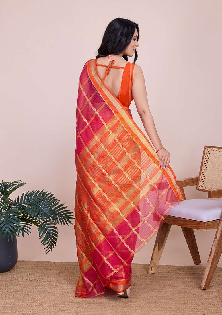 Pink Gold Checked Silk Blend Saree Set for Diwali and Festive Wear - Indya