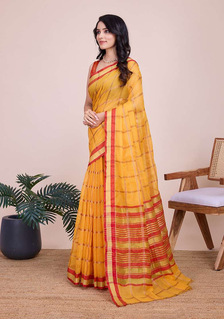 Yellow Gold Checked Silk Blend Saree Set for Diwali and Festive Wear - Indya