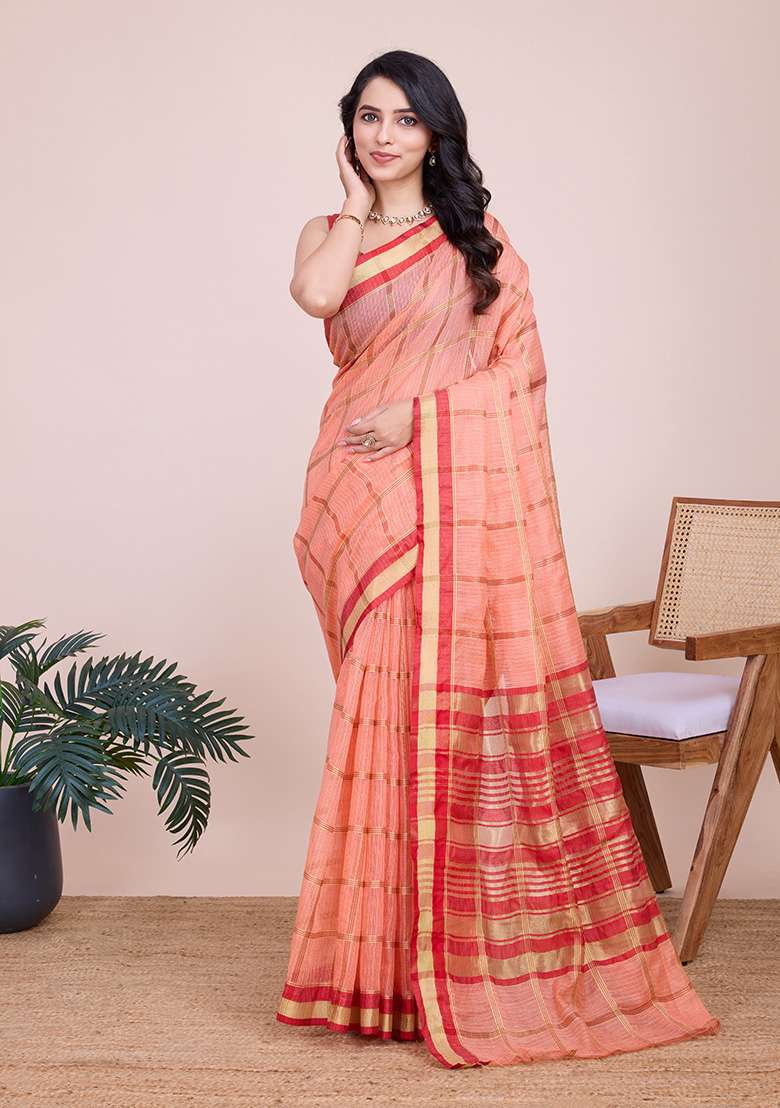 Peach Gold Checked Silk Blend Saree Set for Diwali | Wedding & Festive Wear - Indya