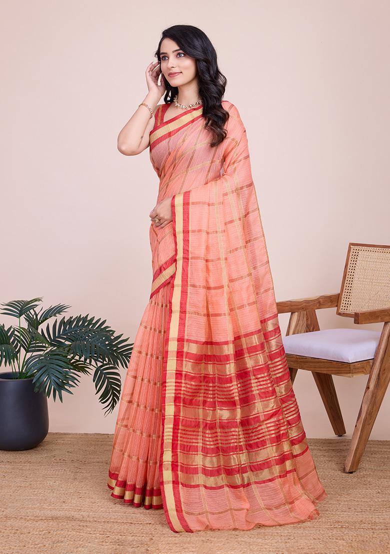 Peach Gold Checked Silk Saree Set - Indya