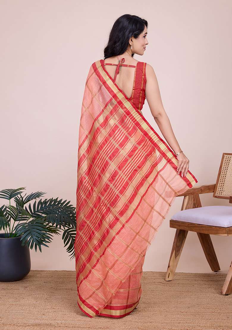 Peach Gold Checked Silk Blend Saree Set for Diwali | Wedding & Festive Wear - Indya