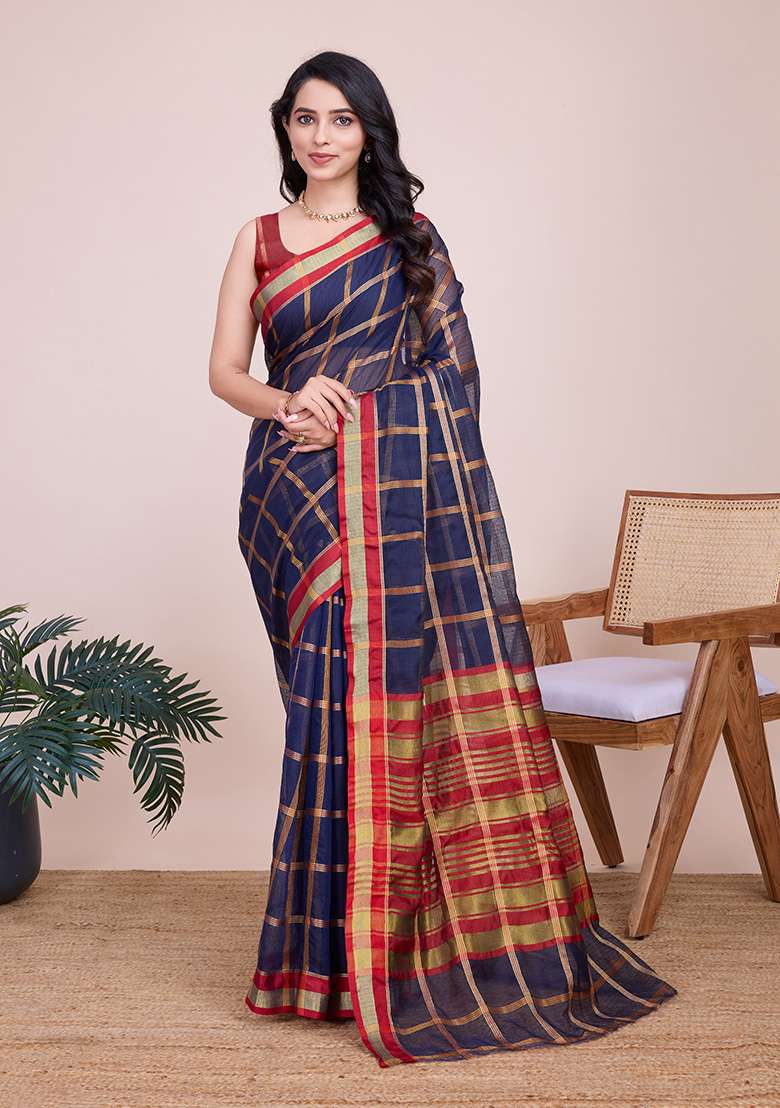 Navy Blue Gold Checked Silk Blend Saree Set for Diwali and Festive Wear - Indya