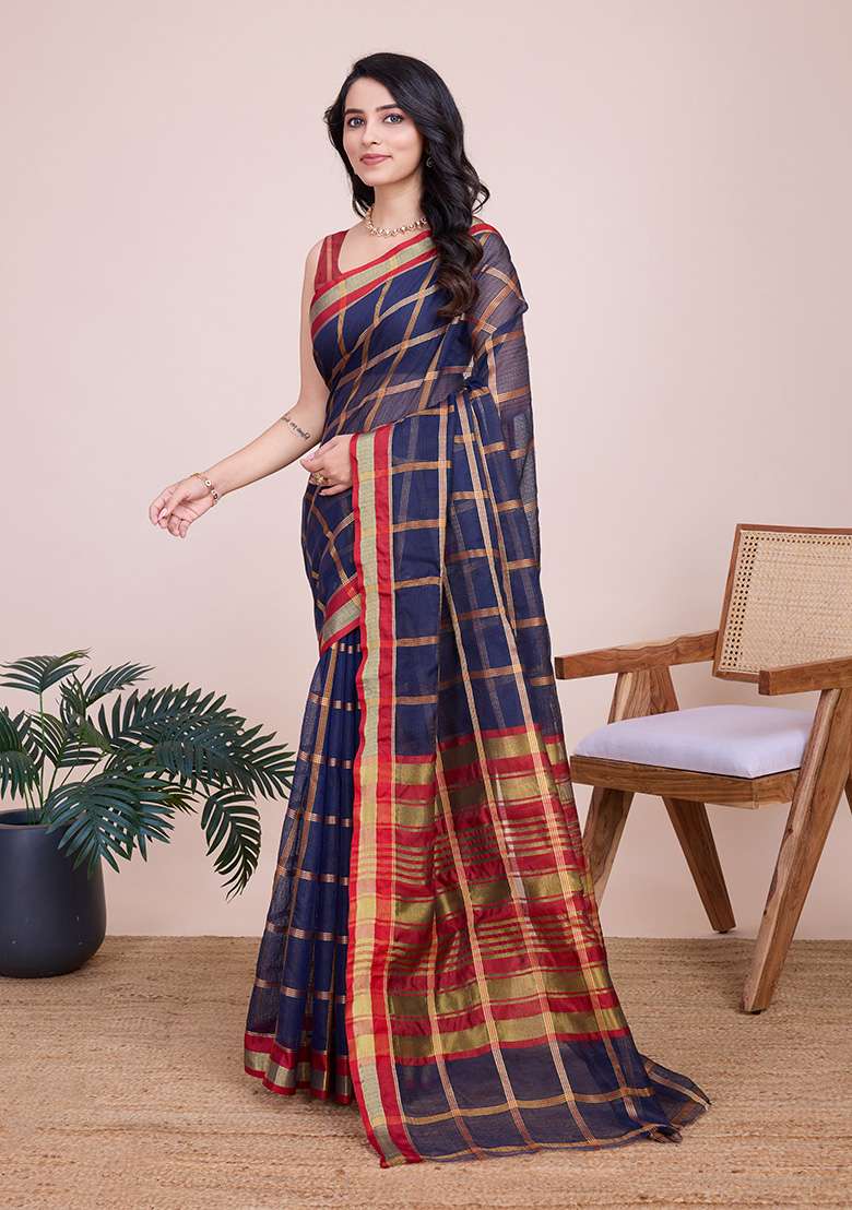 Navy Blue Gold Checked Silk Blend Saree Set for Diwali and Festive Wear - Indya
