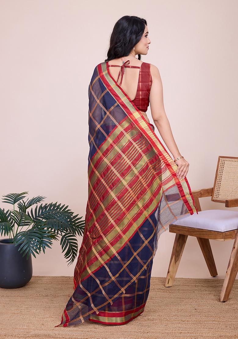 Navy Blue Gold Checked Silk Saree Set - Indya