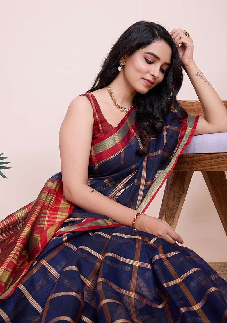 Navy Blue Gold Checked Silk Blend Saree Set for Diwali and Festive Wear - Indya