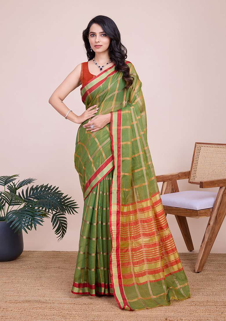 Green Gold Checked Silk Blend Saree Set for Diwali | Wedding & Festive Wear - Indya
