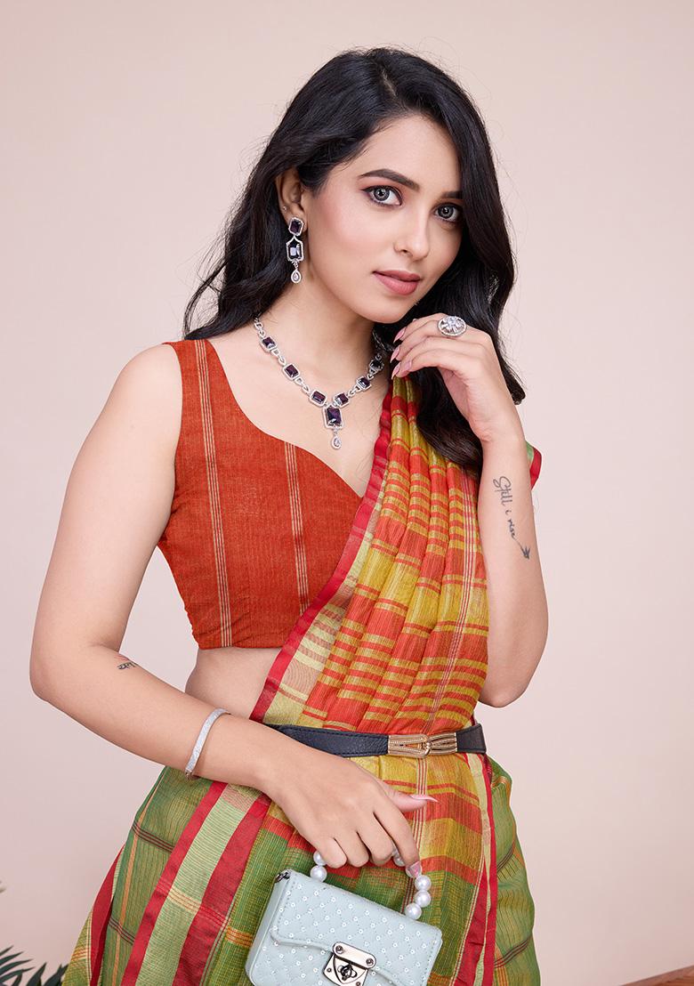 Green Gold Checked Silk Saree Set - Indya