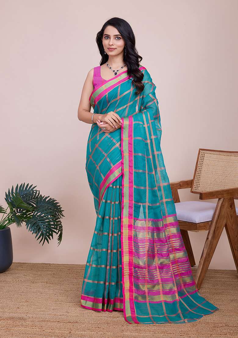 Teal Blue Gold Checked Silk Blend Saree Set for Diwali and Festive Wear - Indya