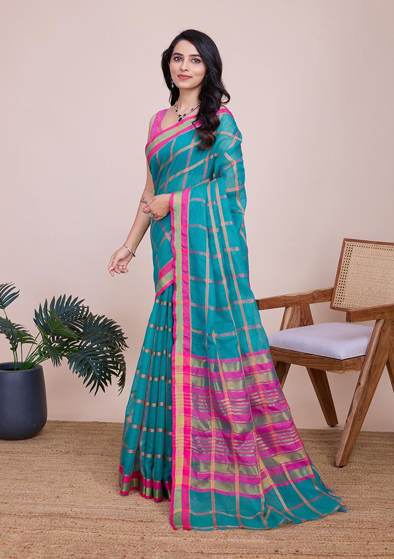Teal Blue Gold Checked Silk Saree Set - Indya