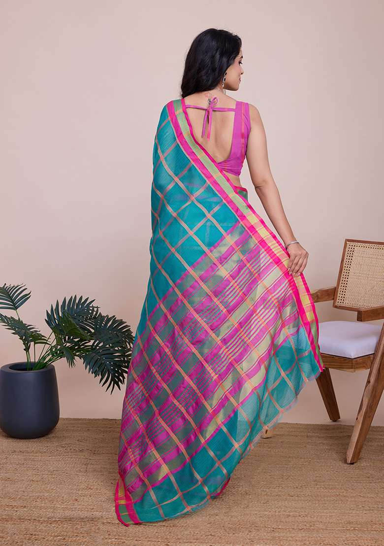 Teal Blue Gold Checked Silk Blend Saree Set for Diwali and Festive Wear - Indya