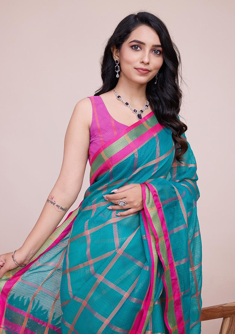 Teal Blue Gold Checked Silk Saree Set - Indya