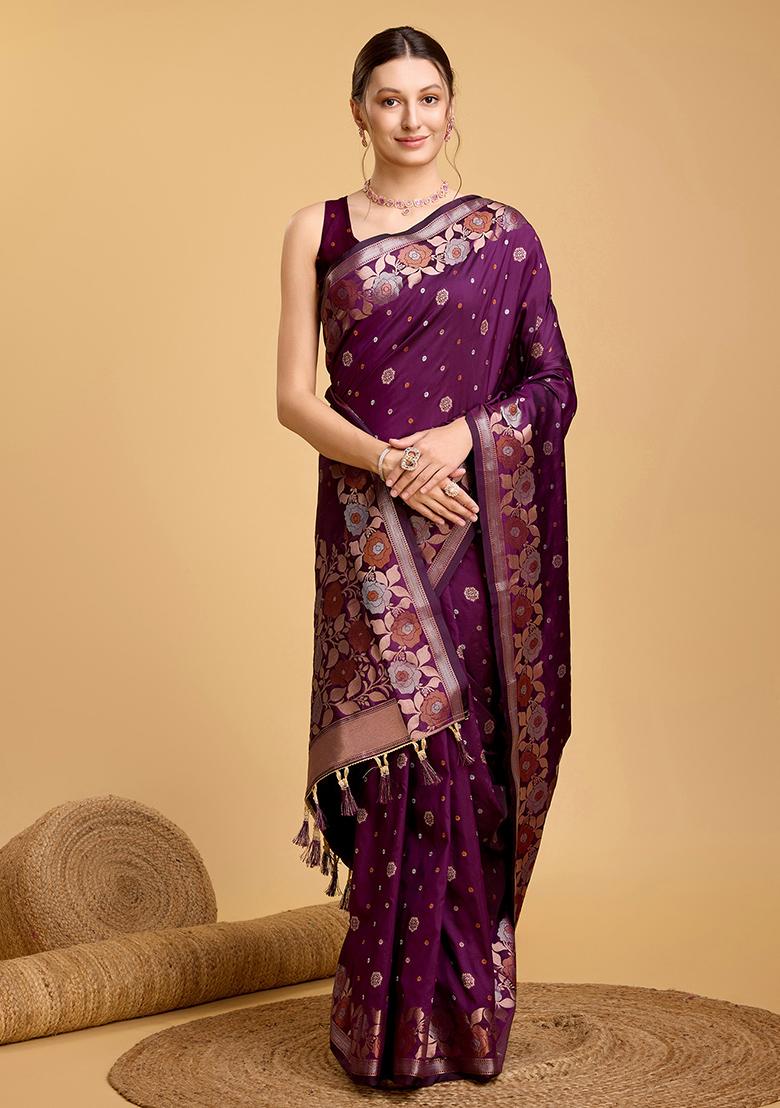 Royal Purple Zari Work Silk Saree Set - Indya