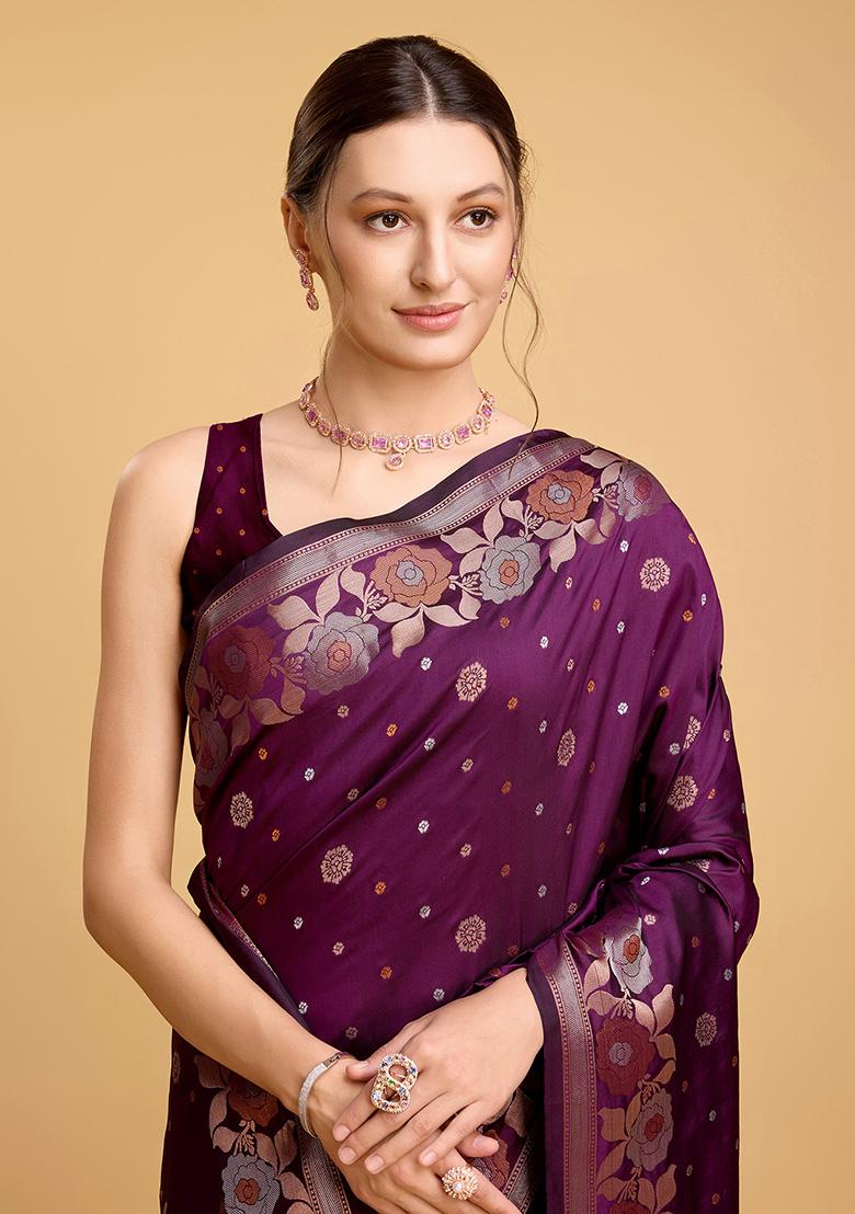 Royal Purple Zari Work Silk Saree Set - Indya