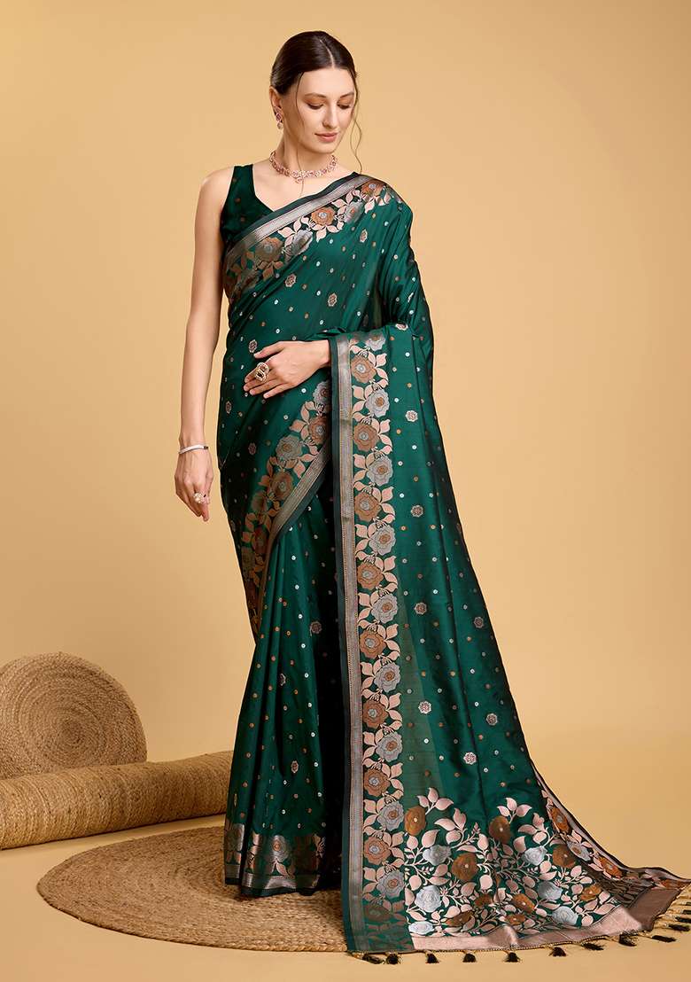 Green Zari Work Silk Blend Saree Set for Diwali and Festive Wear - Indya